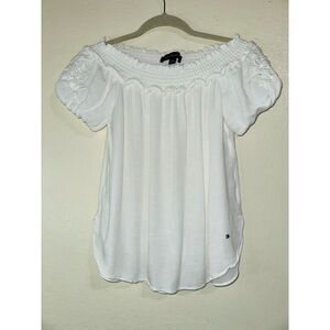 Tommy Hilfiger Women's Off The Shoulder Peasant Blouse Embroidered Sleeves SZ XS